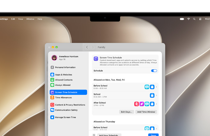 Na obrazovce MacBooku Pro jsou v Nastaveních vidět volby Time Allowances a Screen Time Schedule, které umožňují nastavit čas a kategorie médií pro dítě