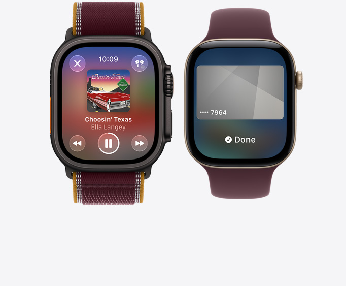 Apple Watch Ultra 4, pouzdro z černého titanu, aplikace Hudba, obrazovka Právě hraje, burgundsky červený Trailový tah, Apple Watch Series 12, pouzdro ze světle zlatého hliníku, obrazovka Apple Pay, burgundsky červený provlékací sportovní řemínek