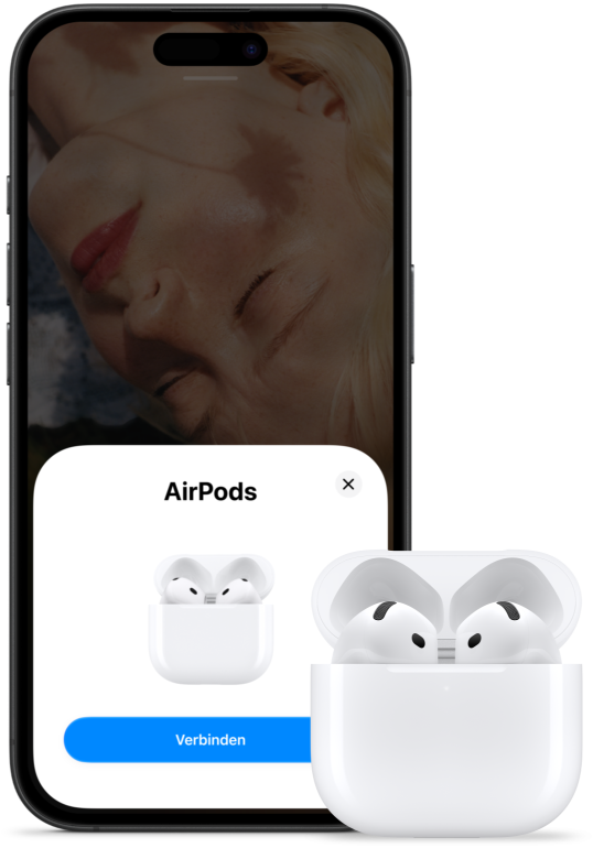 Ein geöffnetes Ladecase mit AirPods 5 darin, neben einem iPhone, das zeigt, dass die AirPods 5 verbunden wurden.