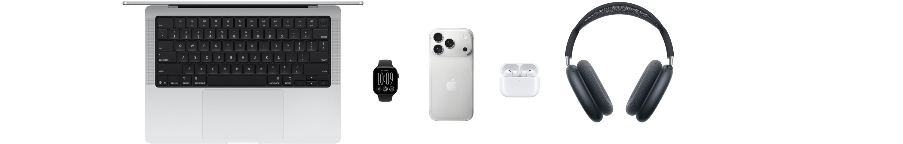 Plusieurs produits Apple, dont un MacBook, une Apple Watch Series 11, un iPhone 17 Pro, des AirPods Pro 3 et des AirPods Max