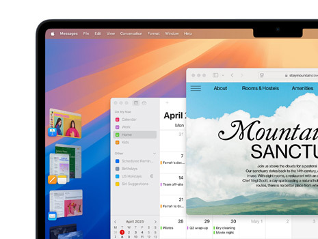 Flere vinduer og apps vist på en skærm, herunder Keynote, Pages, Mail og et website med indhold om et fredeligt tilflugtssted.