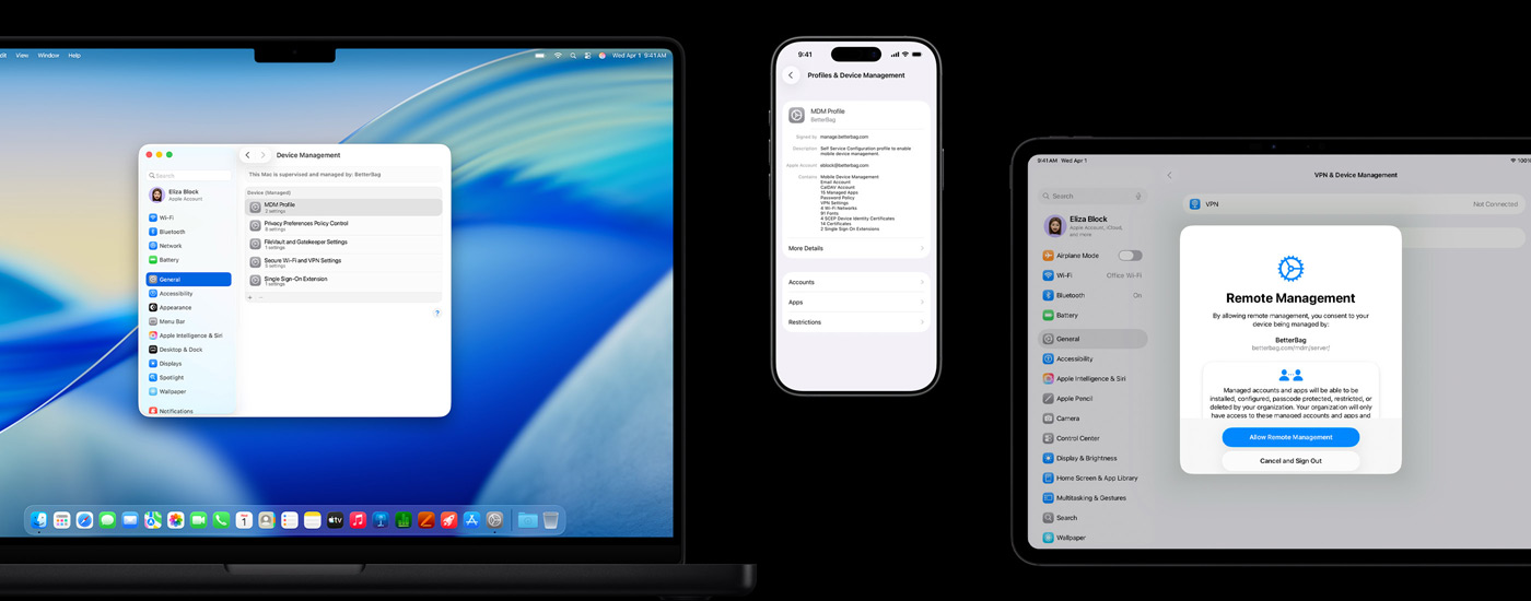 Tre Apple-enheter vises: Til venstre er det en Mac med et vindu for enhetsadministrering. I midten er det en iPhone med MDM-profilinnstillinger (Mobile Device Management). Til høyre er det en iPad med et vindu for ekstern administrering.