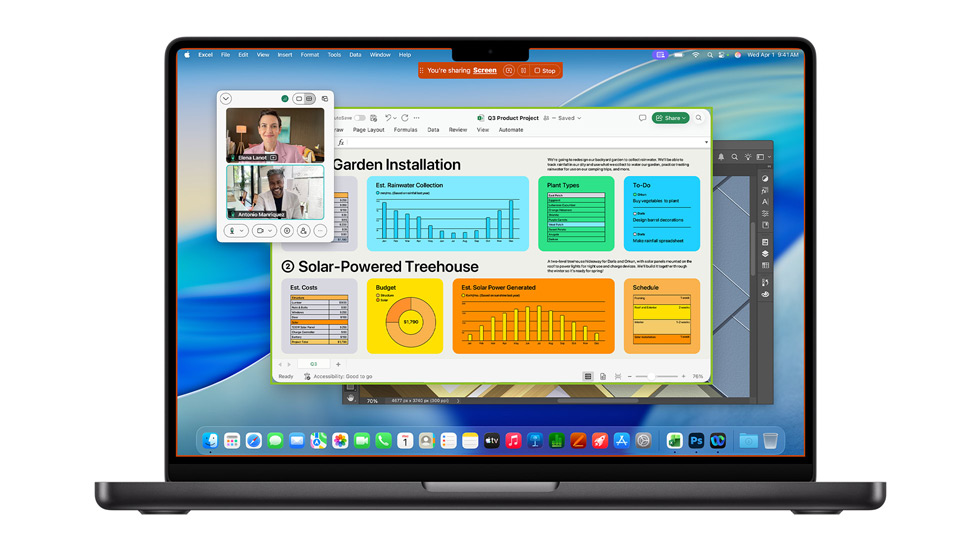 På en Mac-skjerm med macOS Tahoe vises flere åpne apper, inkludert Webex og Excel.