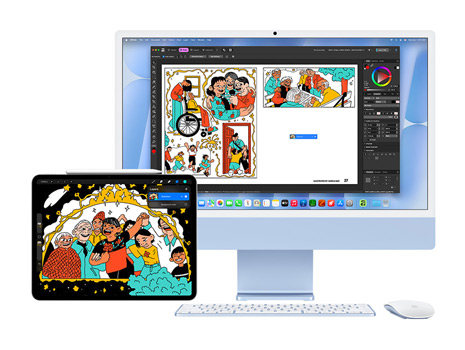 En livlig og morsom illustrasjon vises på en iPad og en stasjonær iMac med macOS Tahoe. På en iMac vises den samme illustrasjonen i en kreativitetsapp.