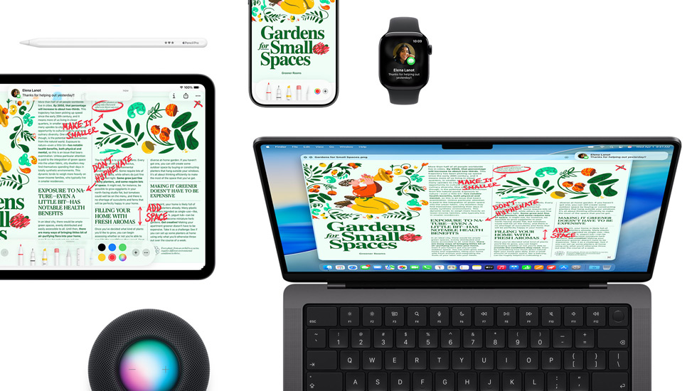 En samling av enheter som inkluderer en iPad, en iPhone, en Apple Watch og en Mac med macOS Tahoe. Alle viser samme layout for et magasin.