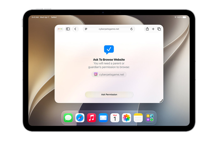 Op een iPad wordt de interface van Vraag om te Browsen weergegeven. De gebruiker krijgt een melding dat er toestemming nodig is om te browsen, met daaronder de knop Vraag toestemming.