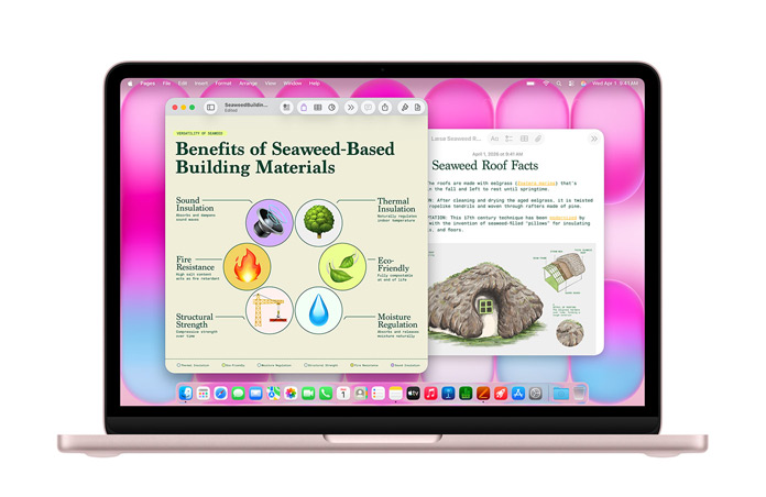 Ein MacBook Neo mit den geöffneten Apps Pages und Notizen, die Präsentationen zu Seegrasdächern zeigen und die Performance hervorheben