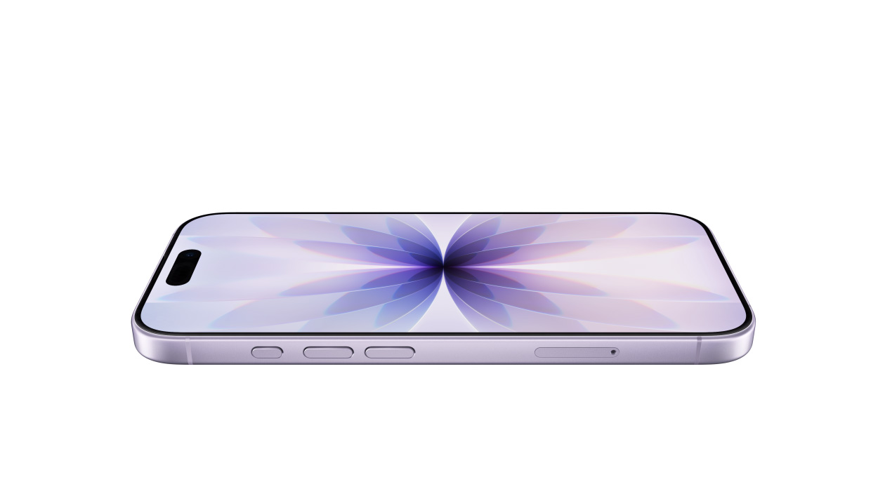 iPhone 17, Vorderseite mit Ceramic Shield, Seitenansicht, Lavendel, Tasten: Actiontaste, Lautstärketasten, Dynamic Island mittig oben