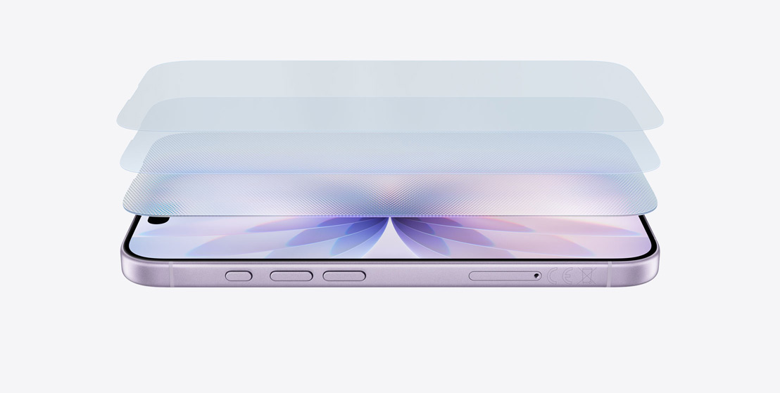 iPhone 17 horizontal on its side in lavender finish, with a layered design showcasing Ceramic Shield 2