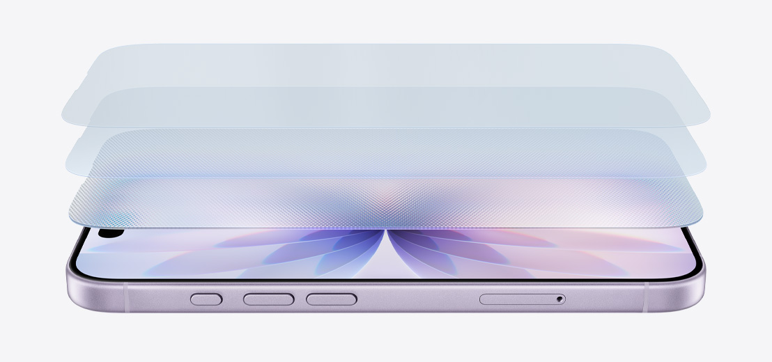 iPhone 17 en finition lavande, à l’horizontale, avec un schéma en plusieurs couches illustrant le Ceramic Shield 2
