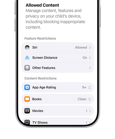 iPhone 螢幕展示兒童帳户的內容與私隱限制選項。