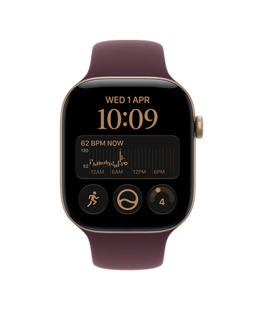 Apple Watch Series 12，淺金色鋁金屬錶殼，配搭布根地紅色運動錶帶，螢幕展示心率 app、健康和健身圖示
