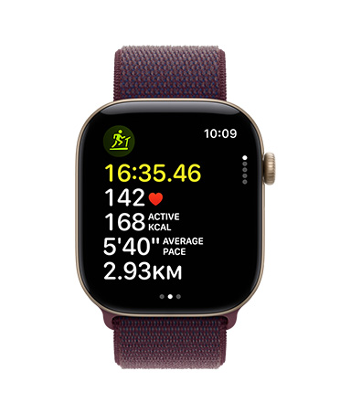 淺金色鋁金屬 Apple Watch Series 12 配以布根地紅色錶帶，展示體能訓練指標，包括時間、心率、卡路里和距離