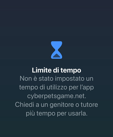 Schermata della funzione “Limite di tempo” in cui si avvisa l’utente che ha raggiunto il limite massimo per i giochi e che può chiedere una proroga.