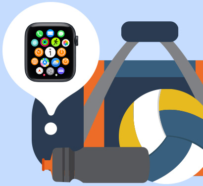 「探す」アプリによって、置き忘れたApple Watchがジムバッグの中にあるとわかったことを示すイラスト