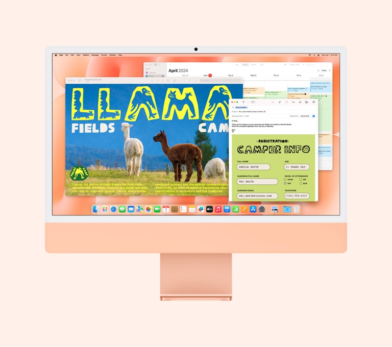Oranžinės spalvos „iMac“, kurio ekrane rodomos naudojamos programos „Peržiūra“, „Mail“ ir „Kalendorius“.