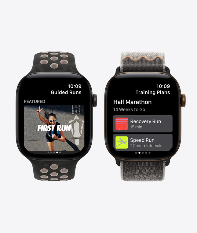 ساعات Apple Watch Series 12، إطارات ألومنيوم، لون أسود، الشاشات: تطبيق Nike Run Club، ميزة تمارين الركض الموجّه، ميزة الخطط التدريبية، الأحزمة: حزام رياضي Nike، لون After Dark بالأسود، حزام Loop رياضي Nike، لون After Dark بالأسود