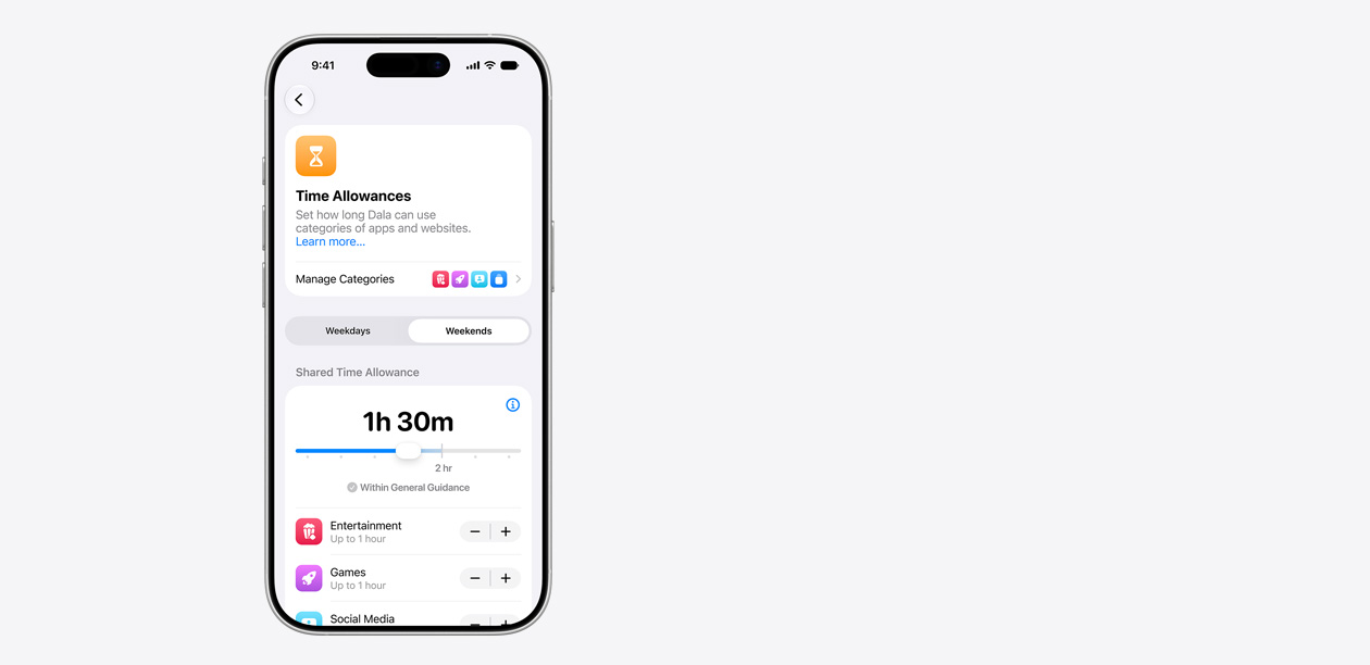 iPhone displaying Time Allowance interface, including a shared time allowance of two hour and 30 minutes, and suggested allowances for app categories like entertainment, games, and social media.