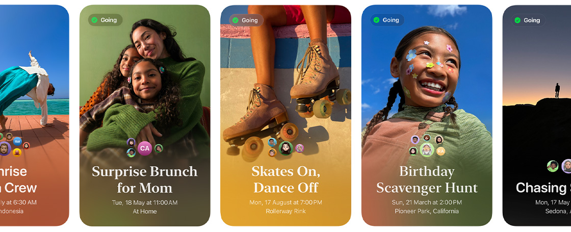 Row of Apple Invites featuring colorful custom photography for events called Surprise Brunch for Mom; Skates On, Dance Off; and Birthday Scavenger Hunt