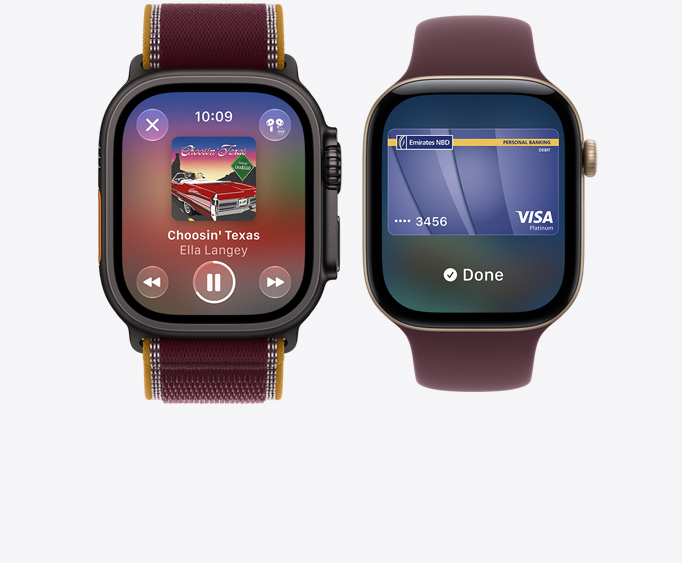 Apple Watch Ultra 4, titanium case, black color, Apple Music app, now playing screen, Trail Loop band, burgundy color; Apple Watch Series 12, aluminum case, light gold color, Apple Pay screen, Sport Loop band, burgundy color