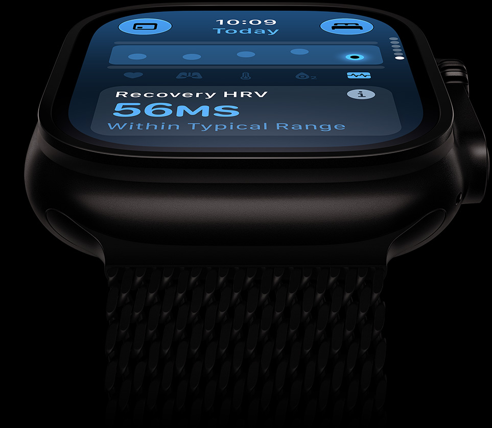 Apple Watch Ultra 4, titanium case, black color, HRV within typical range, titanium Milanese Loop band, black color