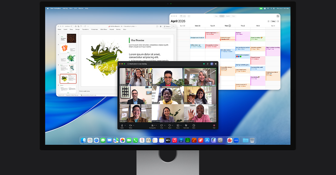 iMac, screen displays a Zoom video call with multiple participants, a calendar, and a presentation open in the background