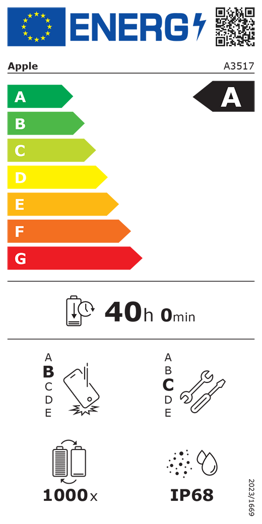 Cod QR și informații privind Eticheta energetică UE, model Apple A3517, clasa A, clase de eficiență energetică (pe o scară de la A la G), de la A (eficiență maximă) la G (eficiență minimă), anduranța bateriei per ciclu, 40 ore și 0 minute la o încărcare completă a bateriei, clasa B de fiabilitate la căderi repetate, de la A (robustețe maximă) la E (robustețe minimă), potențial de reparare clasa C, de la A (potențial de reparare maxim) la E (potențial de reparare minim), 1000 de cicluri de anduranță a bateriei, protecție împotriva pătrunderii prafului și a apei (IP) cu clasificare IP68, regulament 2023/1669