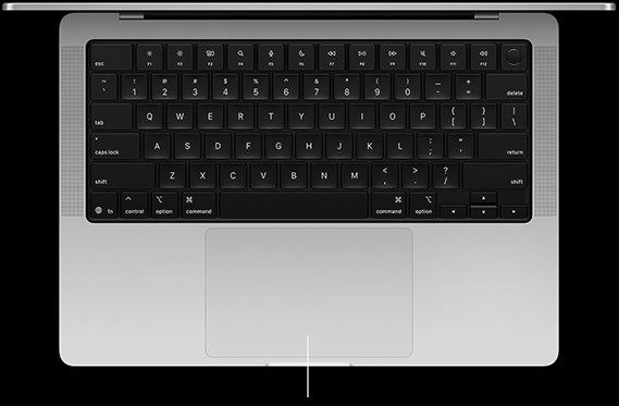 Pohľad zvrchu na otvorený 14‑palcový MacBook Pro s trackpadom Force Touch umiestneným pod klávesnicou