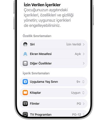 Çocuk Hesabı için içerik ve gizlilik sınırlamaları seçeneklerini gösteren iPhone.