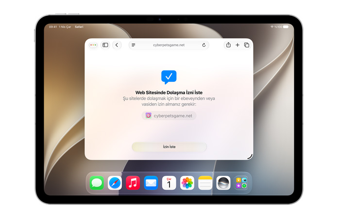 Dolaşma İzni İste arayüzünü gösteren iPad, kullanıcının dolaşmak için izne ihtiyacı olduğuna ilişkin bir bildirim ve altında “İzin İste” düğmesi bulunuyor.