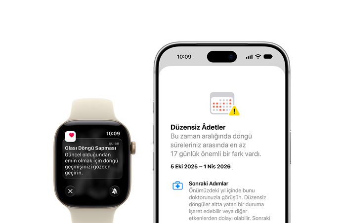 Apple&nbsp;Watch&nbsp;Series&nbsp;12’nin ekranında Sağlık uygulamasının Döngü İzleme özelliğinde Olası Döngü Sapması bildirimi gösteriliyor, Uçuk Altın Rengi Alüminyum kasa ve Kum Beji Spor Kordon ve iPhone&nbsp;18&nbsp;Pro