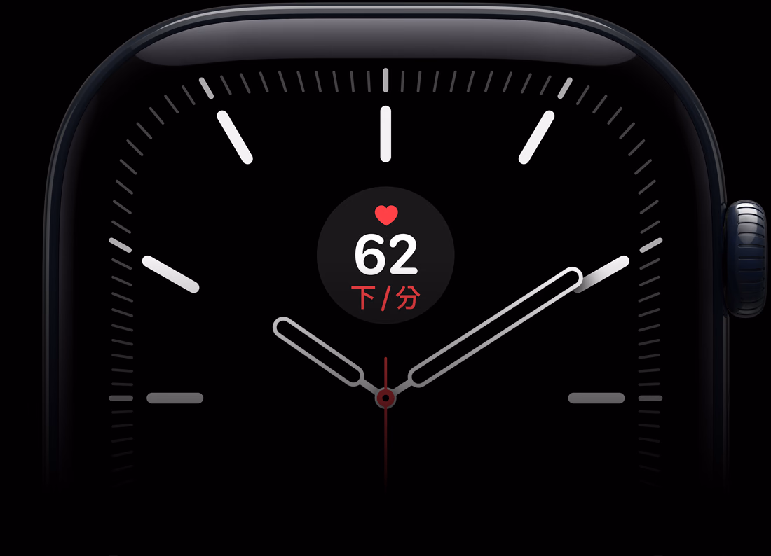 Apple Watch Series 12，展示黑色鋁金屬錶殼，螢幕顯示子午線錶面與心率複雜功能，右側外觀展示數位錶冠