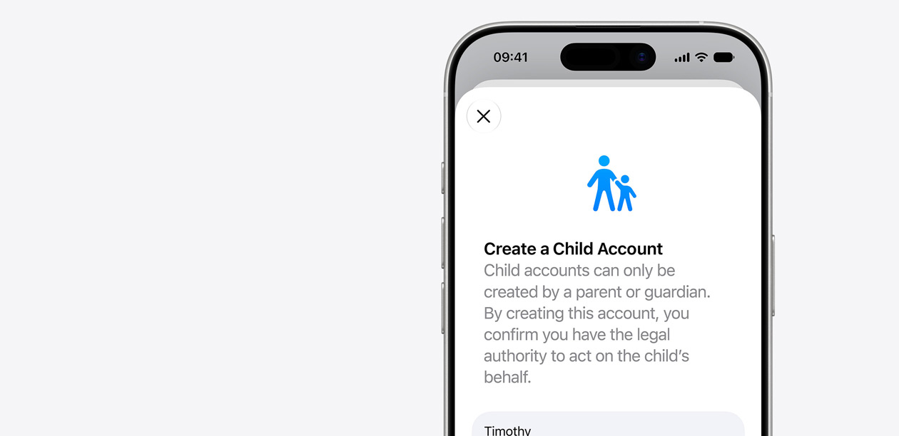 iPhone displaying Child Account setup interface with icon of an adult and child above fields for the child’s name.