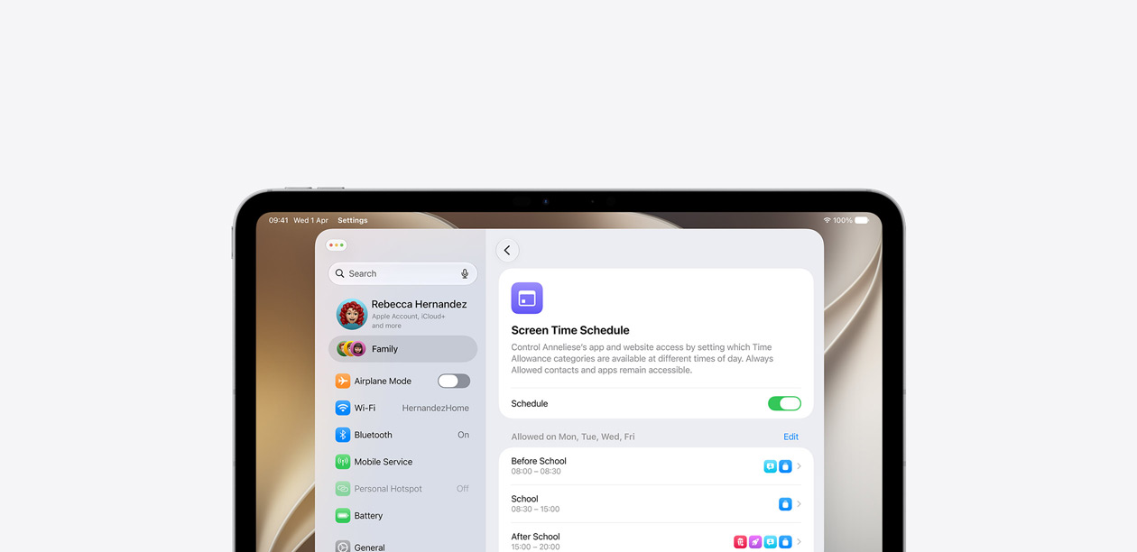 iPad displaying the Screen Time Schedule feature with a horizontal timeline showing which categories of apps and websites are allowed before school, during school and after school.