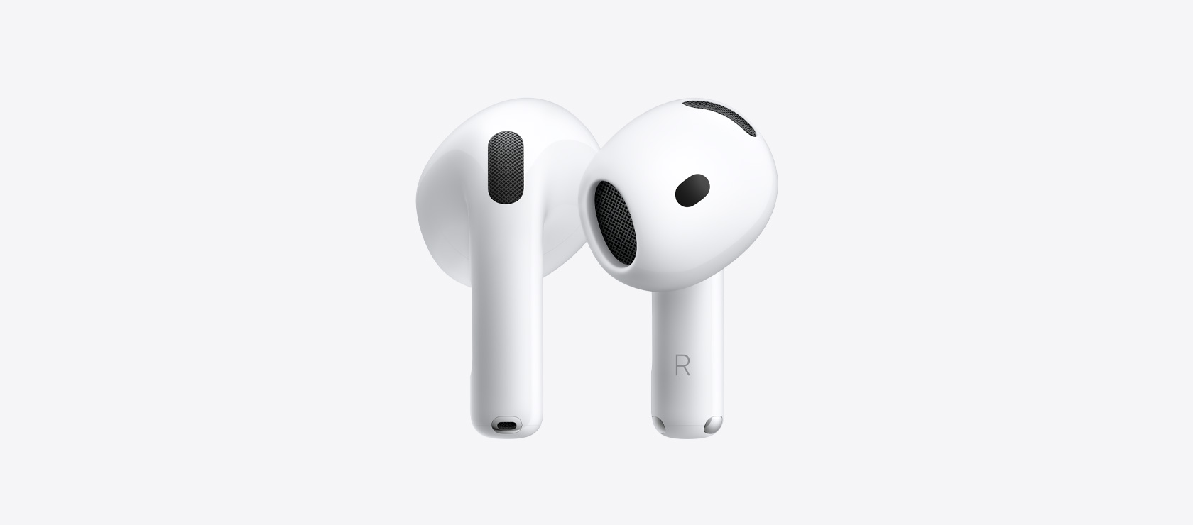 AirPods 5 : écouteurs sans fil, coloris blanc, forme ovale, embout avec mesh des haut-parleurs acoustiques internes, tige courte avec connecteur de charge argent, écouteurs gauche et droit identifiés chacun par une lettre