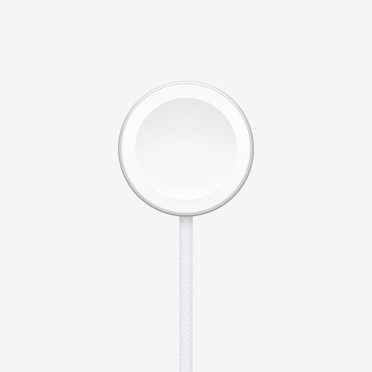 Apple Watch Magnetic Fast Charger, circular shape, attached woven cable