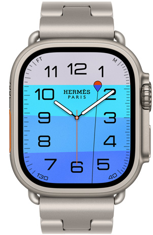 Apple Watch Hermès Ultra 4, Fathom and Wonder analog watch face (hour, minute, and second hands, Depth complication, with an orange buoy floating on top of a turquoise ocean with a gradient from light to dark blue), titanium case, natural color, right side exterior, Digital Crown, raised side button, paired with Grand H Titane band, Gris Titane color
