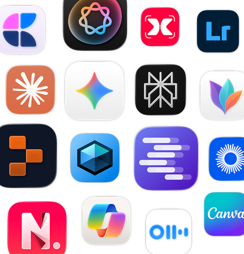 Una variedad de iconos de apps de IA, incluidas MindNode, Adobe Lightroom, Claude y Google Gemini