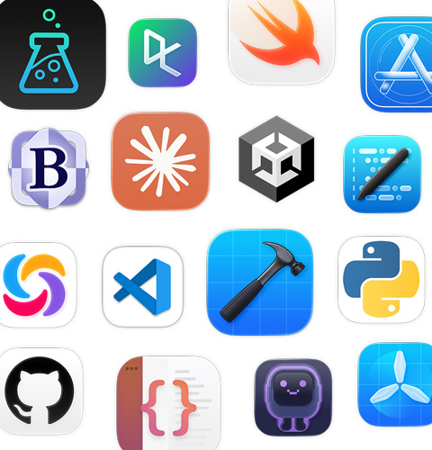 Una variedad de iconos de apps de codificación, incluidas Unity Editor, DataCamp, Swift Playground y Apple Developer.