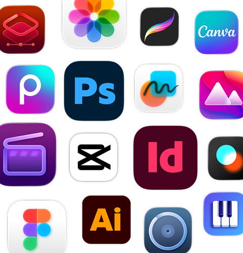 Una variedad de iconos de apps de creatividad, incluidas Adobe Illustrator, Canva, CapCut y Figma