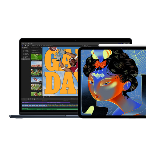 Un Mac que muestra Final Cut Pro, un iPad que muestra Procreate Dreams
