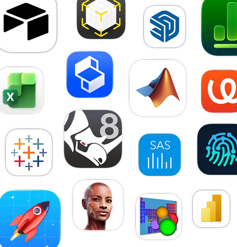 Una variedad de iconos de apps de STEM, incluidas Shapr3D, MATLAB, uMake y Tableau.