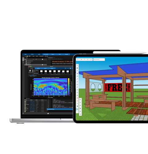 Un Mac que muestra MATLAB, un iPad que muestra Shapr3D