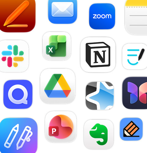 Una variedad de iconos de apps de productividad, incluidas Google Drive, Evernote, Slack y Quizlet