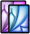 Dos iPad Air de distinto tamaño, parte frontal, el más pequeño delante del más grande, con vibrantes patrones de degradado en púrpura y azul.