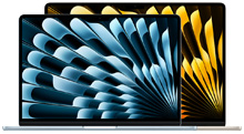 Portátiles MacBook Air, el más pequeño delante del más grande, abiertos, fondos de pantalla coloridos con diseño abstracto en azul y amarillo.