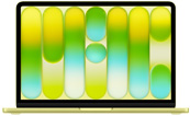 MacBook Neo, abierto, fondo degradado colorido con rayas verticales en tonos verde, amarillo y azul.