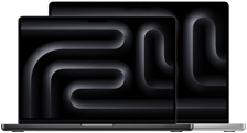 Portátiles MacBook Pro, el más pequeño delante del más grande, abiertos, fondos de pantalla en plata y negro con diseño geométrico.