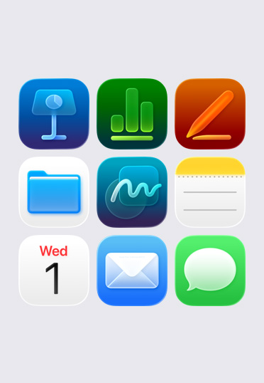 Iconos de apps de Apple, dispuestos en una cuadrícula de 3x3: Keynote, Numbers, Pages, Archivos, Notas y Calendario.