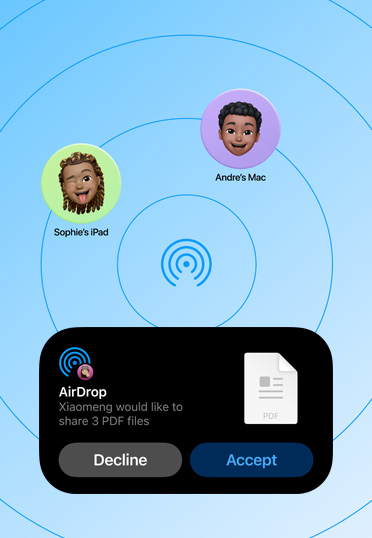 Interfaz de AirDrop que muestra una solicitud para compartir tres PDF, con opciones para rechazar o aceptar.